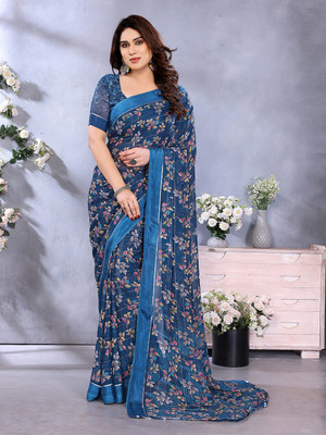 Moda Rapido Embellished, Floral Print Bollywood Georgette, Satin Saree(Dark Blue)