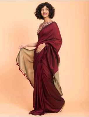Tantikatha Solid/Plain Handloom Cotton Blend Saree(Maroon, Cream)