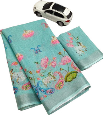 pramukh creation Digital Print Daily Wear Linen Saree(Green)