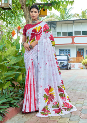 Divastri Blocked Printed, Printed Chanderi Cotton Blend Saree(White)