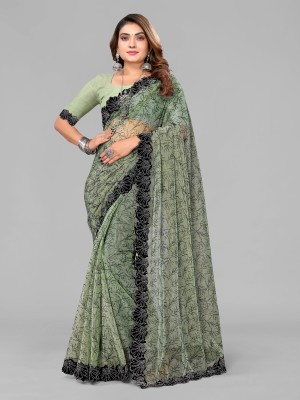 HouseOfCommon Embellished Bollywood Lycra Blend Saree(Green)