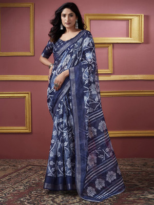 SareezaaStore Geometric Print Bollywood Cotton Linen Saree(Blue)