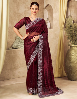 Samah Embellished, Embroidered Bollywood Net Saree(Maroon)