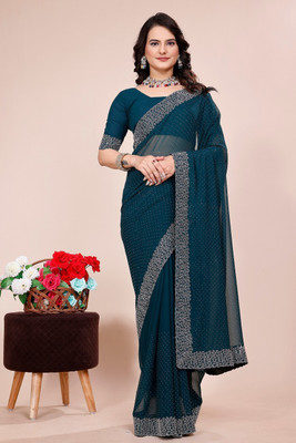 KONICA FAB Embroidered Bollywood Georgette Saree(Dark Green)