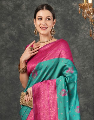 Satrani Woven, Embellished Banarasi Silk Blend, Jacquard Saree(Green, Magenta)