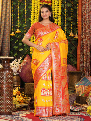 PANZORA Woven Madhubani Silk Blend Saree(Yellow)