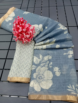 HouseOfCommon Embroidered Kanjivaram Linen, Cotton Linen Saree(Pack of 2, Grey)