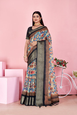 BINAKA FASHION Printed, Woven Daily Wear Jacquard, Cotton Linen Saree(Multicolor, Beige, Black)