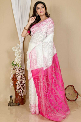 Mondal Saree Centre Printed Bollywood Cotton Silk Saree(White)