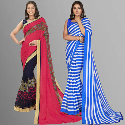 Anand Sarees Floral Print Daily Wear Georgette Saree(Pack of 2, Blue, Pink)
