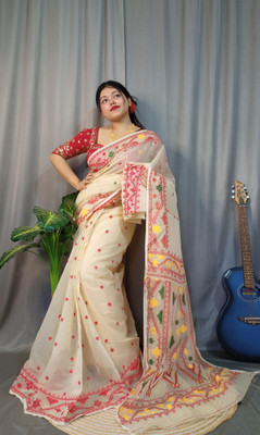 Pasum's Embroidered, Self Design Jamdani Pure Cotton Saree(Beige)