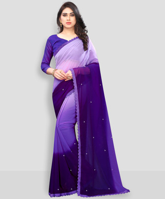 OMICRON FAB Self Design, Printed, Temple Border, Embellished, Woven, Solid/Plain Bollywood Georgette Saree(Purple)