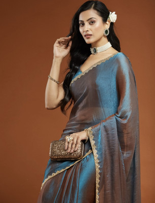 MINE CHOICE Solid/Plain, Self Design Bollywood Cotton Blend Saree(Blue, Gold)