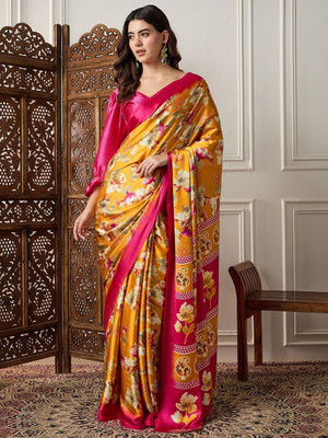 Sangria Printed Daily Wear Satin Saree(Mustard)