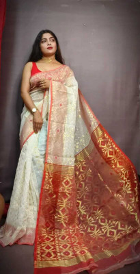 SP Boutique Woven Jamdani Cotton Silk Saree(White)