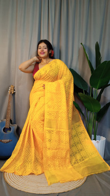 maa agameswari Self Design Jamdani Cotton Silk Saree(Yellow)