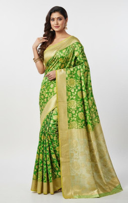 Radha Rani Woven Saree with Attached Blouse Silk Blend Saree(Green)