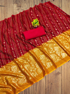 Kanooda Prints Woven Bandhani Net Saree(Red)