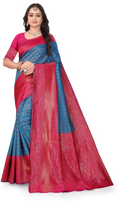 ZIUKA HUB Embellished Banarasi Art Silk Saree(Blue, Red)