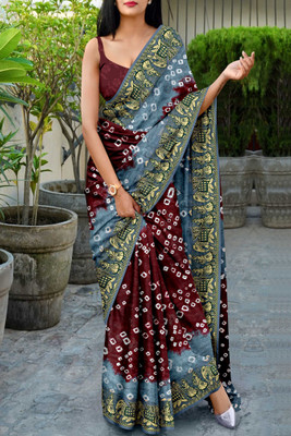 JERAVI Enterprise Hand Painted, Animal Print, Self Design, Woven Bandhani Art Silk Saree(Maroon, Grey)