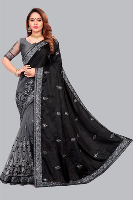 JANVI CREATION Self Design, Printed, Applique, Embroidered, Solid/Plain Bollywood Silk Blend Saree(Black)