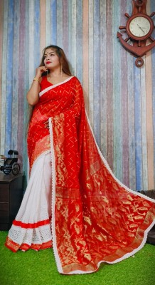 LDma Embroidered Jamdani Cotton Silk Saree(White, Red)