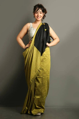 DHRITIS Solid/Plain Handloom Cotton Blend Saree(Green)