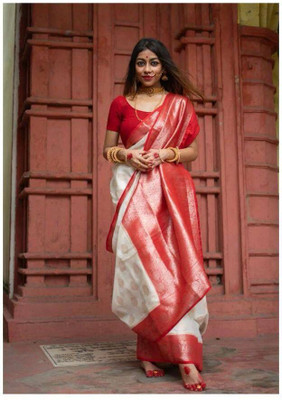 VRINDITA FASHION Self Design Kanjivaram Art Silk Saree(White)