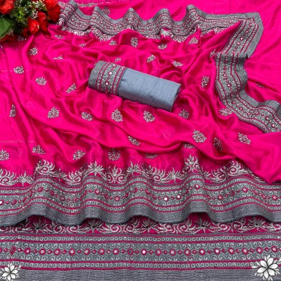 KanjiQueen Printed Bollywood Silk Blend Saree(Pink, Grey)