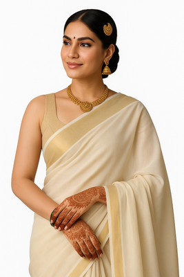 SYUT! Solid/Plain Saree with Attached Blouse Tissue, Pure Cotton Saree(Cream, Gold)
