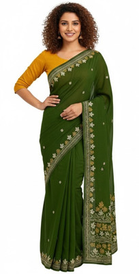 DRAPIKA Embroidered, Floral Print, Solid/Plain Daily Wear Satin Saree(Green)