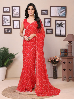 GOLDOLL FAB Digital Print Leheria Georgette Saree(Red)