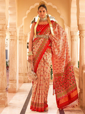 ANOUK Printed Ikkat Silk Blend Saree(Cream)