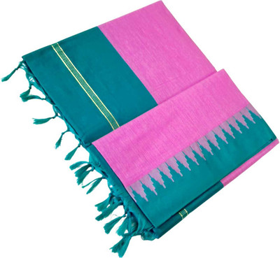 sri amman sarees Solid/Plain, Temple Border Gadwal Cotton Blend Saree(Green)