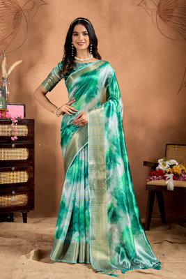 TRINETRA STUDIO Tie-Dye, Woven, Self Design Bollywood Silk Blend Saree(Light Green)