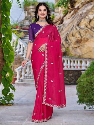 LAJEELEE Embroidered Bollywood Jimmy choo Saree(Pink)