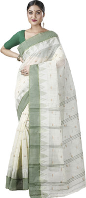 DipDiya Self Design Tant Pure Cotton Saree(Dark Green, White)