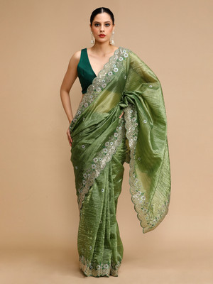 House of Pataudi Embellished Daily Wear Art Silk Saree(Green)