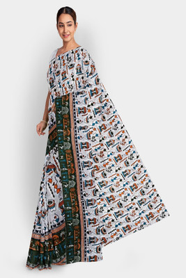 PRIDE SALES Printed Handloom Cotton Jute Saree(White)