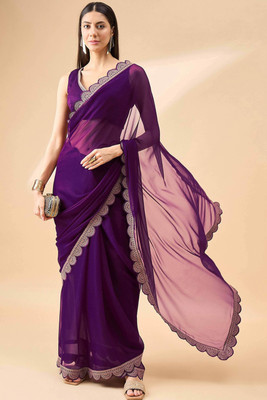 Peachmode Solid/Plain Bollywood Chiffon Saree(Purple)