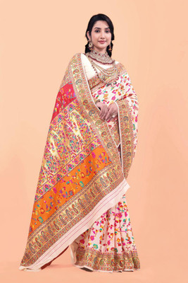 Wovenza Self Design, Woven Bollywood Cotton Blend, Semi-Pashmina Saree(Cream)
