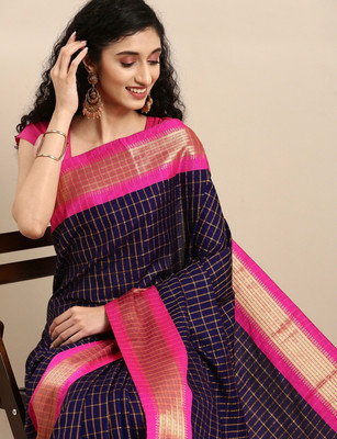 GLOWMOROUS Checkered Chettinadu Cotton Silk Saree(Dark Blue)