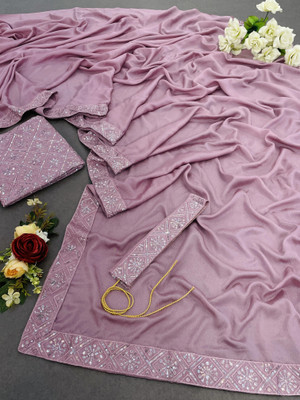 Pionex Solid/Plain, Embroidered Bollywood Chiffon, Silk Blend Saree(Pink)