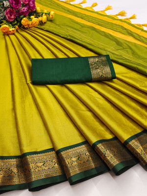 Fashion Club Collection Solid/Plain, Woven, Floral Print Bollywood Cotton Silk Saree(Green)