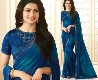 Classic Selection Printed, Self Design, Embellished, Floral Print, Solid/Plain Bollywood Georgette Saree(Blue)