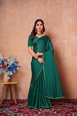 HouseOfCommon Embellished, Solid/Plain Bollywood Polyester, Georgette Saree(Green)