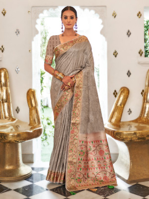 Sareemall Printed Madurai Silk Blend Saree(Grey)