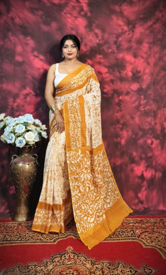 SARATHITEXTILE Color Block Hand Batik Cotton Blend Saree(Yellow)