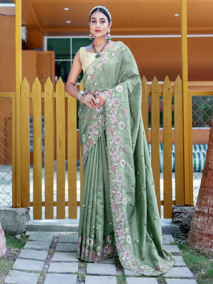 SGF11 Self Design Handloom Silk Blend Saree(Green)