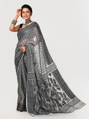 crochetin Woven Jamdani Handloom Cotton Blend Saree(White, Black)